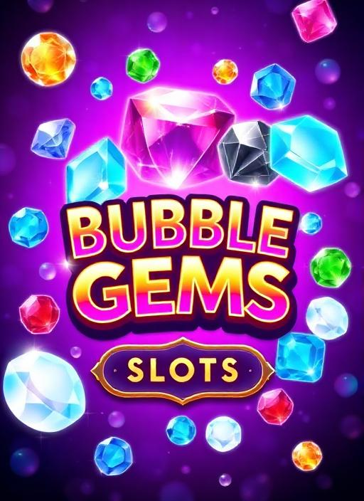 Bubble Gems slot game cover with colorful gems and bubbles, vibrant purple and blue theme